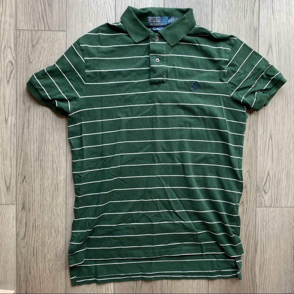 Dark green polo with white stripes
